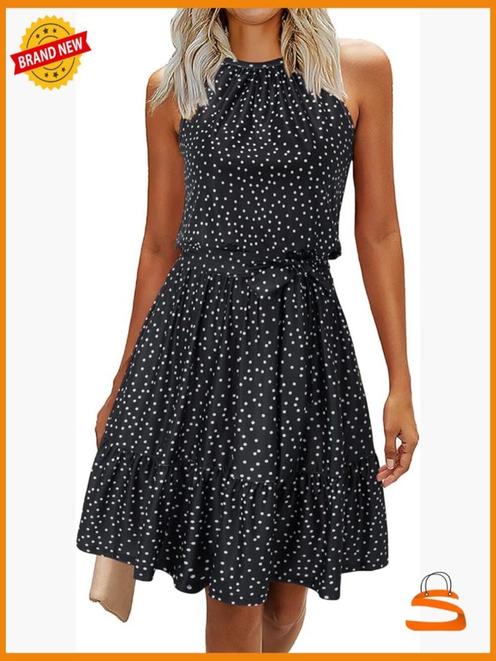 Halter Neck Sleeveless Sundress with Pockets Belted Casual Beach Vacation